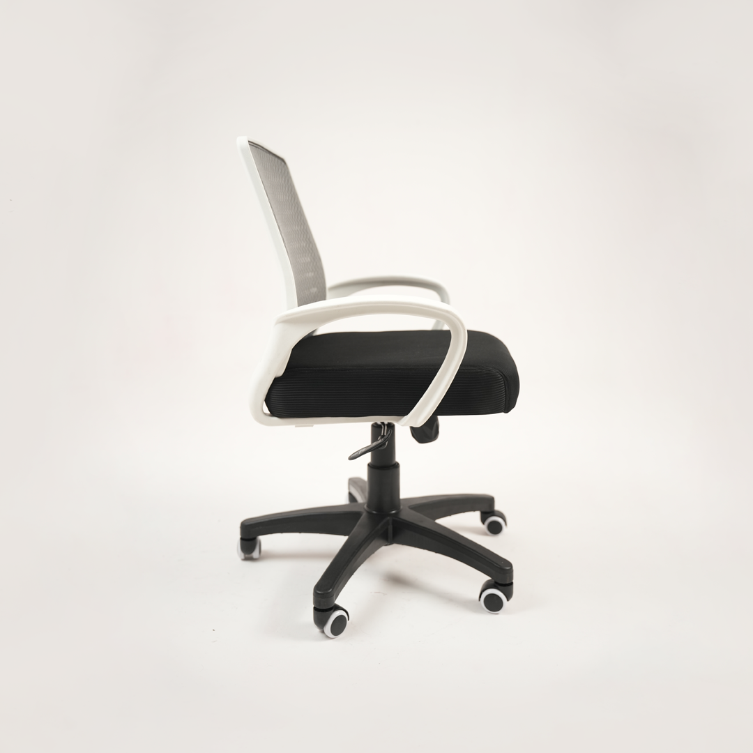 Ergonomic Black Mesh Office Chair with White Armrests & Wheels (Back Image Remaining)