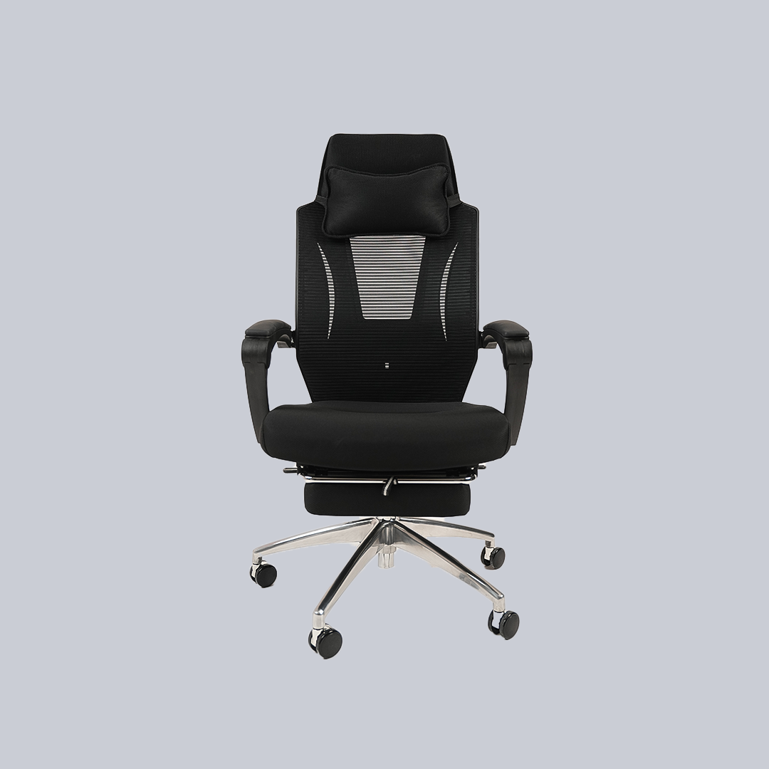Ergonomic Black High-Back Mesh Office Chair with Headrest, Footrest and Chrome Base