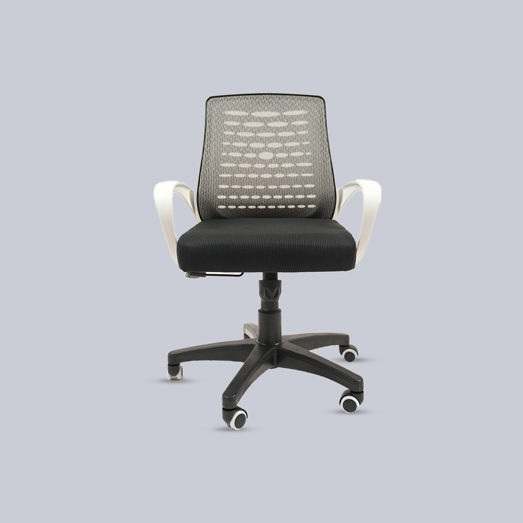 Ergonomic Black Mesh Office Chair with White Armrests & Wheels (Back Image Remaining)
