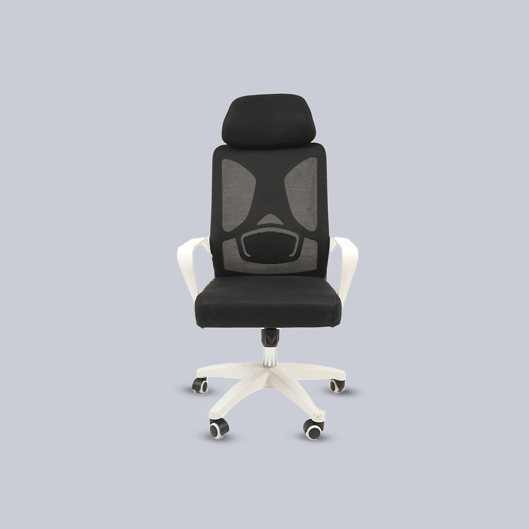 Ergonomic Black Mesh Office Chair with Headrest & White Base
