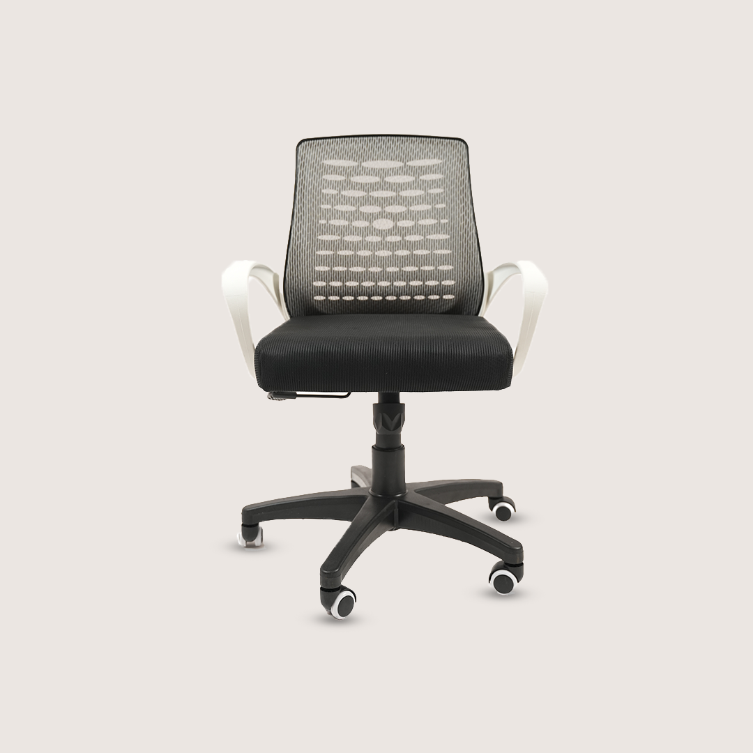Ergonomic Black Mesh Office Chair with White Armrests & Wheels alternate view