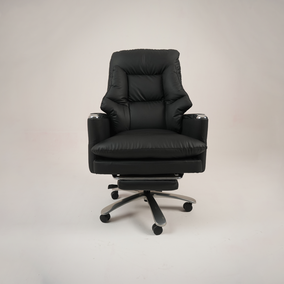 Luxury Black Executive Office Chair with Padded High Back, Footrest and Chrome Base