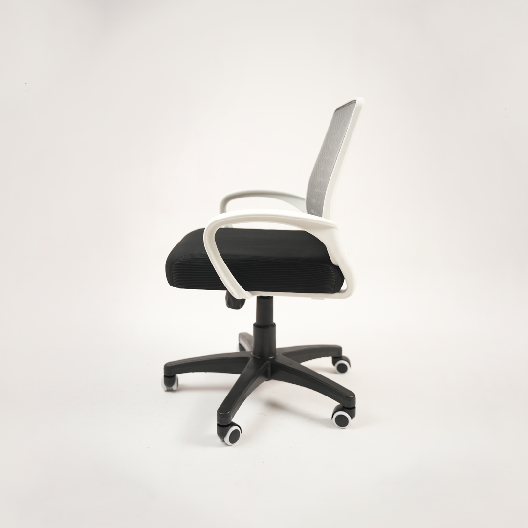 Ergonomic Black Mesh Office Chair with White Armrests & Wheels (Back Image Remaining)
