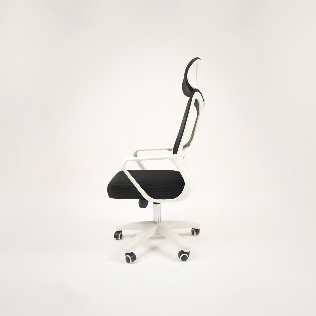 Ergonomic Black Mesh Office Chair with Headrest & White Base