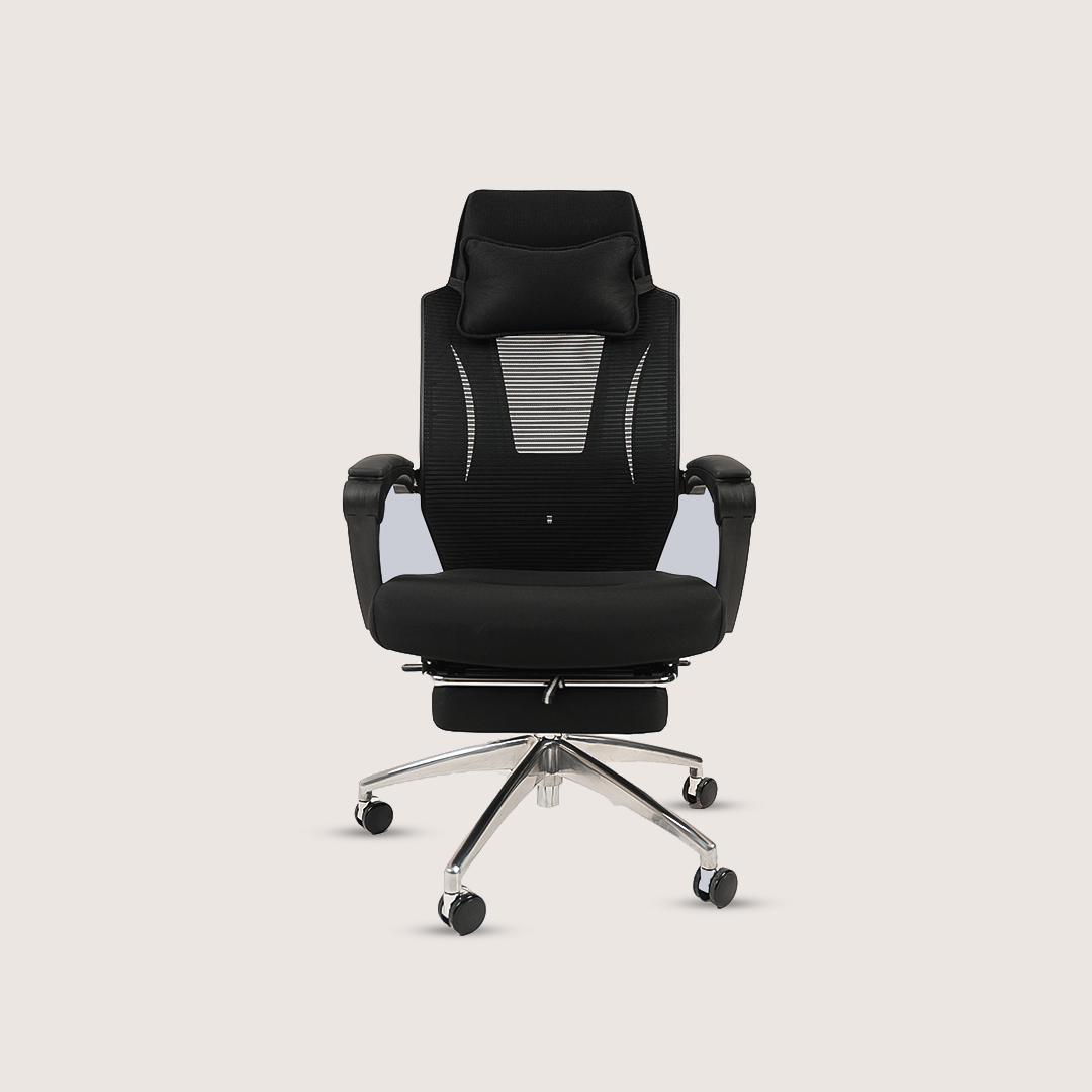 Ergonomic Black High-Back Mesh Office Chair with Headrest, Footrest and Chrome Base